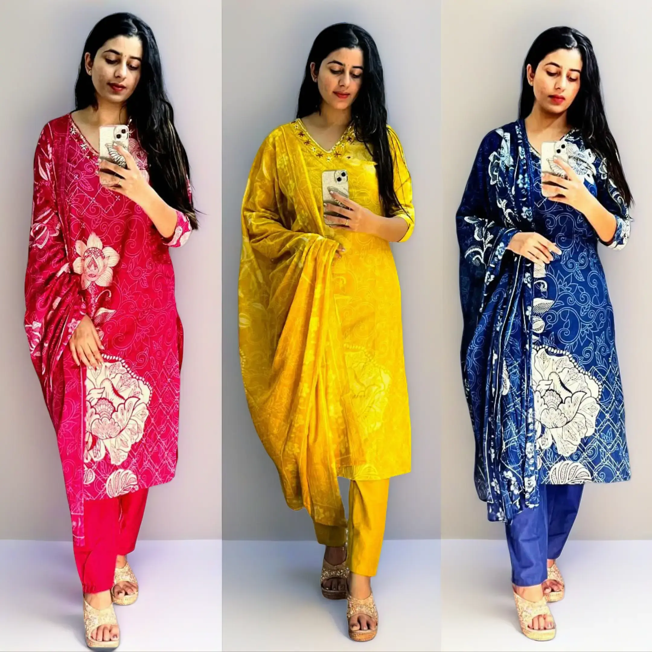 Women's 3-Piece Printed Cotton Salwar Suit with Handwork, Ethnic Kurta Set with Dupatta, Casual Wear Outfits, Clothes, Accessories