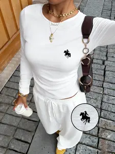 Comfortable Casual Loungewear Set, Women: A soft, creamy-textured long sleeve cropped top paired with wide-leg pants. Perfect for relaxing at home, running errands, or daily outings, stylish and comfortable all day. OOTD Set