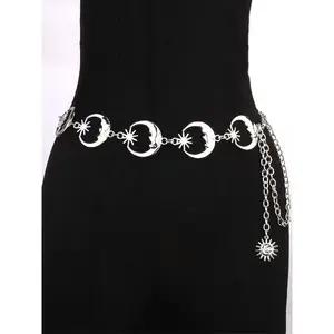 Punk Fashion Metal Single-Layer Waist Belt with Sun Moon Pendant, Versatile Decorative Accessory for Dresses & Pants, All-Season Wear, Belts