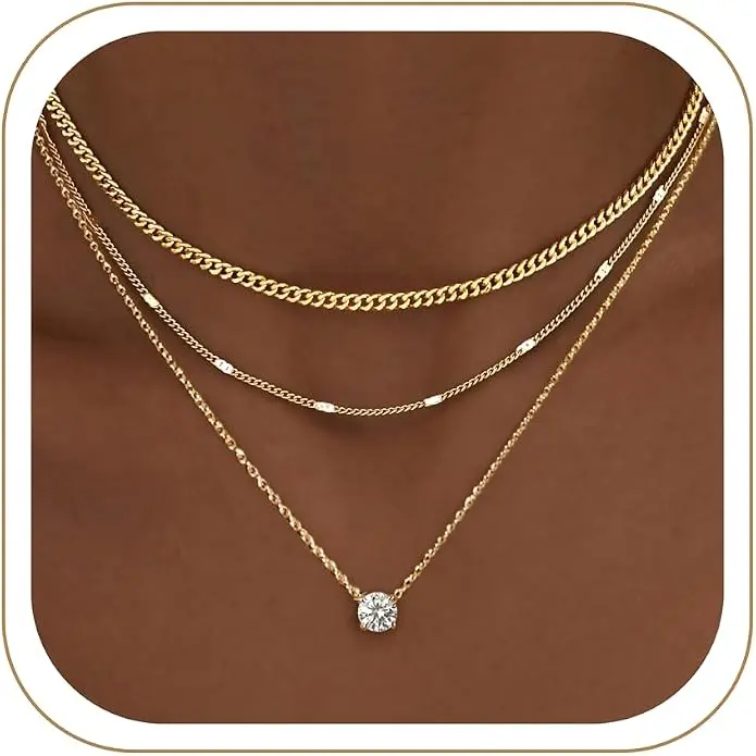 Layered Gold Necklaces for Women, 14K Gold Sterling Silver Plated Dainty Pendant Necklace Set Non Tarnish, Chunky Stackable Cuban Chain Choker, Trendy Birthstone Vacation Jewelry Gift