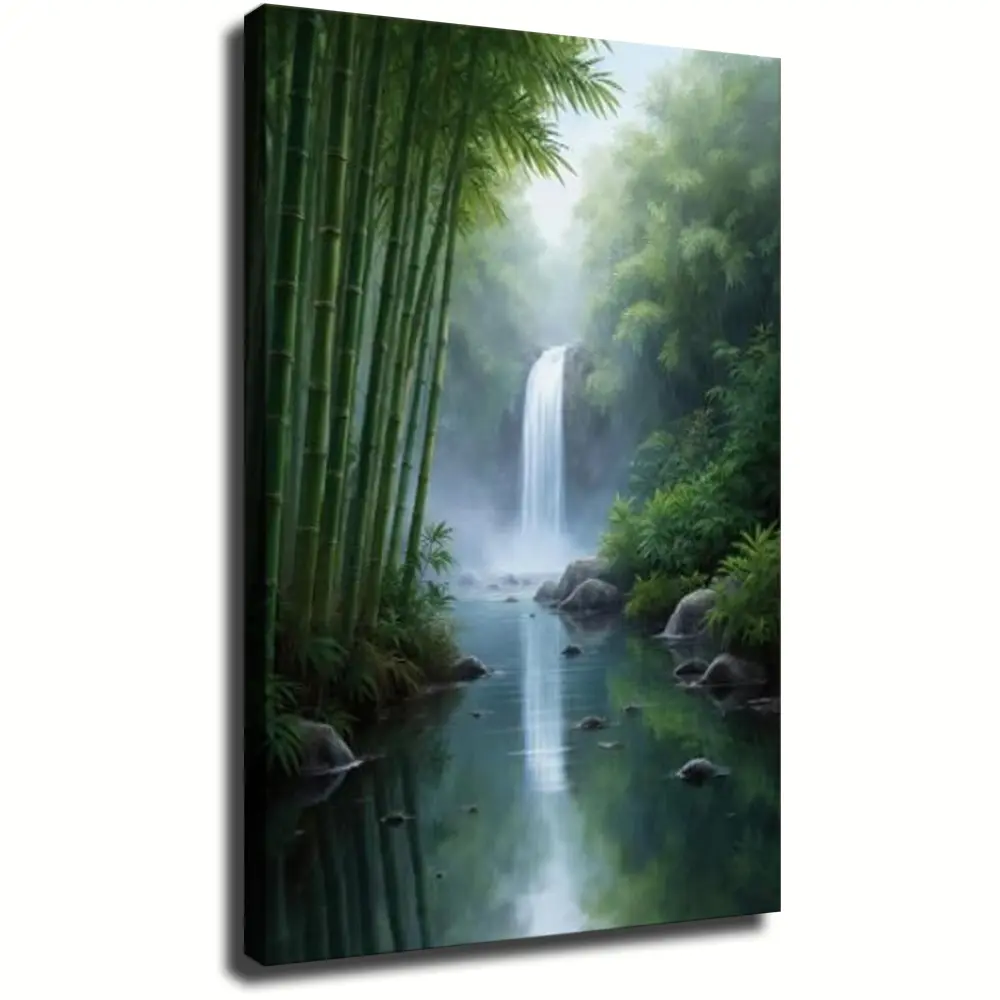 Waterproof Serene Bamboo Forest Waterfall Canvas Wall Art - Zen Nature Landscape Painting, Green Bamboo Grove & River Poster, Tranquil Spa & Meditation Room Home Decor, Frameless