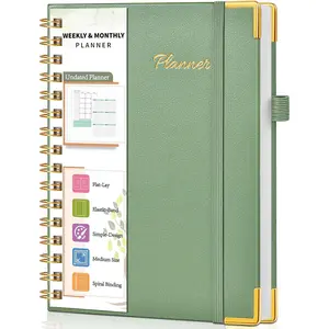 Undated Weekly Planner, Hardcover Leather Weekly & Monthly Calendar Blank Planner,  Notebook with Goal & Habit  Organizer, A5 Daily Planner with Spiral Binding, Ideal for Work School , Green