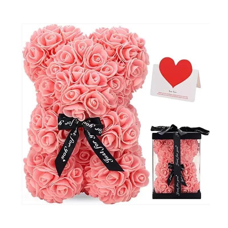 Valentines Bear Cute Gift - Rose Teddy Bear with Heart Card and Black Bow - Perfect for Valentine's Day Presents