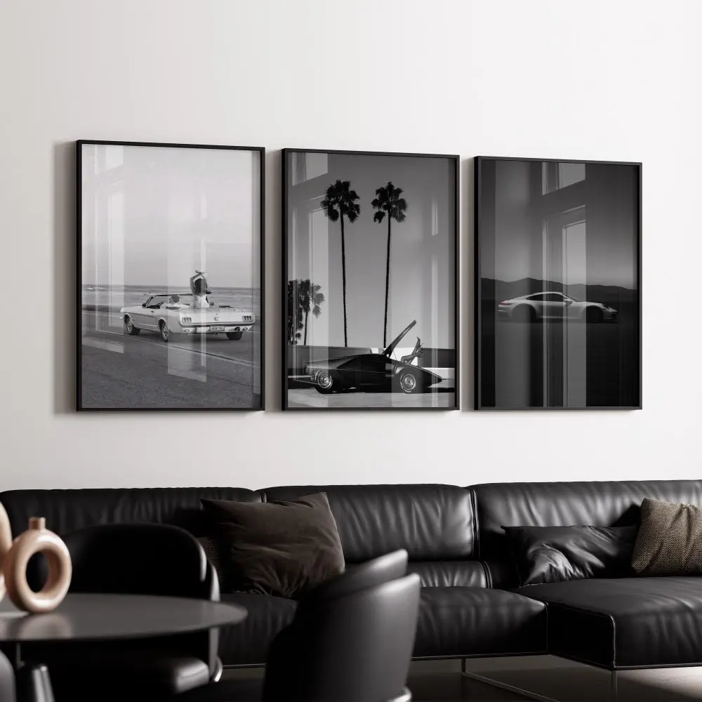 3 Piece Vintage Car Wall Art Set, Black and White Porsche 911 Print, Lancia Stratos Zero Poster, Printable Man Cave Decor, Digital Download