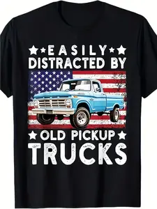 Easily Distracted By Old Pickup Trucks American Flag Vintage Truck Graphic T-Shirt, Casual Crew Neck Short Sleeve T Shirt, Comfortable Cotton Fabric, All Season Trendy Top, Slight Stretch, Regular Fit, Suit All Body Types