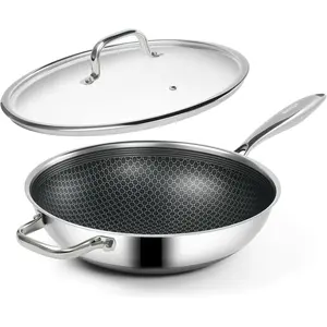Hybrid 12-Inch Wok with Lid,Nonstick Stainless Steel Woks & Stir-fry pans,Stay-Cool Handle,PFOA Free Cookware,Dishwasher and Oven Safe,Compatible with  Cooktops