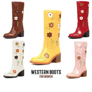 Womens Cowboy Boots Floral Embroidered Mid Calf Boot Round Toe Chunky Block Heel Comfy Pull On Event Boho Festivals Disco Casual Party Country Wedding Patchwork Western Retro Classic Cowgirl Yellow Boots Classic Cowgirl Boots