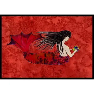 212 MAIN Felt Mat - Black Haired Mermaid Art Printed, Red Design, 24x36 in, Rubber Backing, Indoor & Outdoor Use