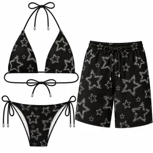 Sparkling Star Pattern Bikini Set & Men’s Shorts on White Background – Modern Night Sky Design with Shimmering Stars, Bold Contrast, and Trendy Style