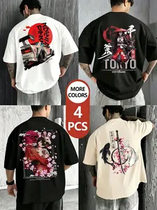 Men's 4-Pack Graphic T-Shirts, Trendy Japanese Anime Unisex Short Sleeve Tees, Oversized JDM Car Culture Back Print T-Shirt, Summer Y2K Retro Skate Outfits Top