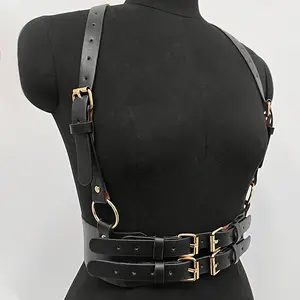 jewelry Stylish Black & Golden Double-Strap Faux Leather Harness Belt for Women - Adjustable Buckle Design, Perfect for Casual Outfits, Parties, and Casual Attire