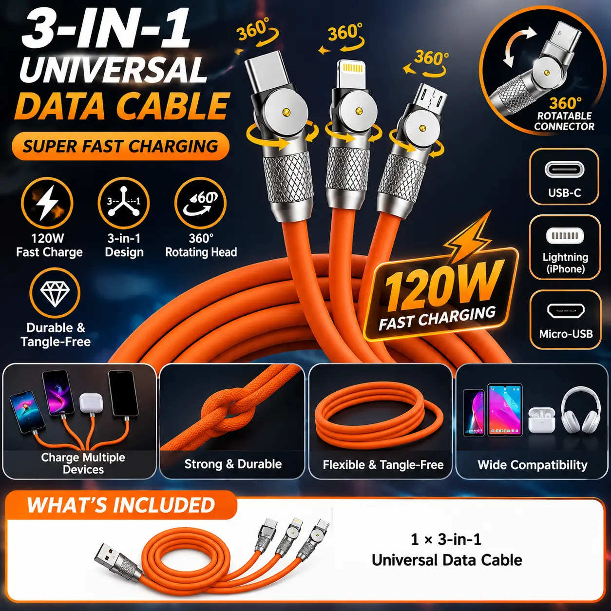 3-in-1 Universal Data Cable 120W Fast Charging
