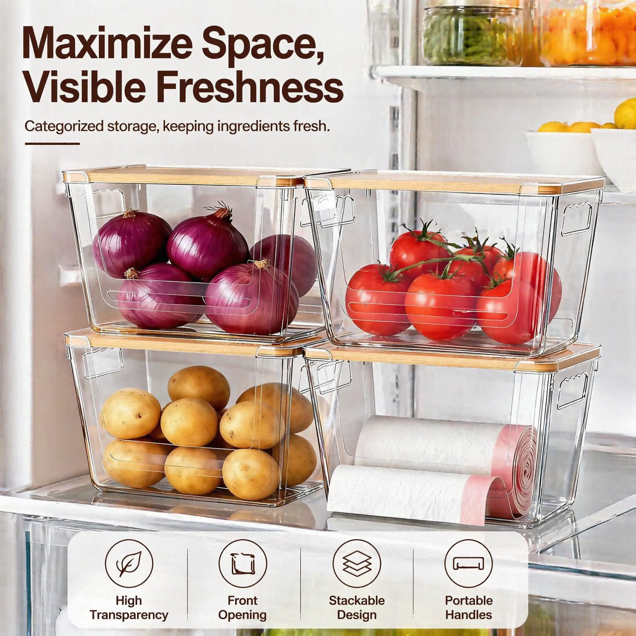 2 Pack & 3 Pack Optional Transparent Stackable Storage Organizer Bins With Bamboo Cover And Side Handles For Refrigerator Kitchen Cabinet Countertop Food And Sundries Classification Storage