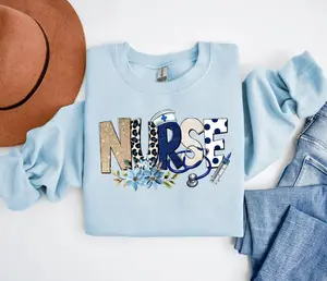 Nurse Leopard Blue Flower Sweatshirt - Blue Shirt for Nurses - Nursing School Shirt, Pullover, Fabric