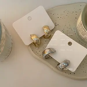 925 silver needle French metal grid pattern classic vintage earrings, C-shaped simple versatile cool retro stud earrings