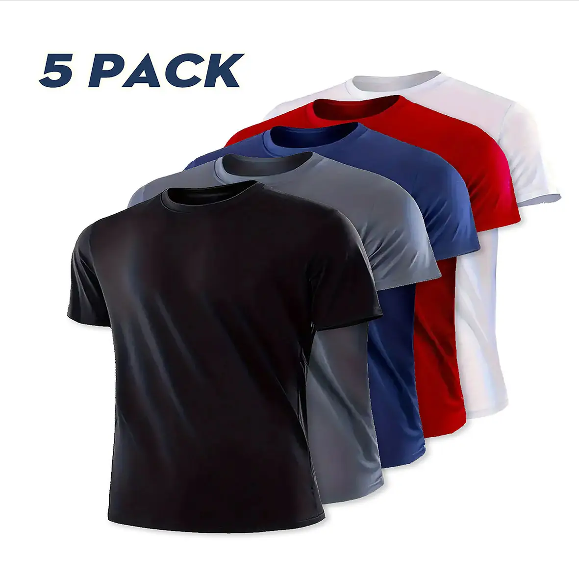 OKP Five Pack Men's Highly Elastic Moisture-Wicking T-shirt Soft, Quick-Drying, Breathable Sports Solid Color Short-Sleeved Round Neck Running Fitness