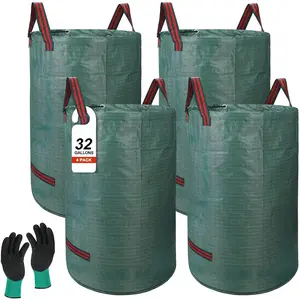 4 Pack 32 Gallon  Yard  & Lawn Leaf Bags with Gloves - Heavy Duty Garden Trash Bags for - Cleanup, Patio & Grass Clippings, Camping, Recyclable & Light Construction, Collapsible
