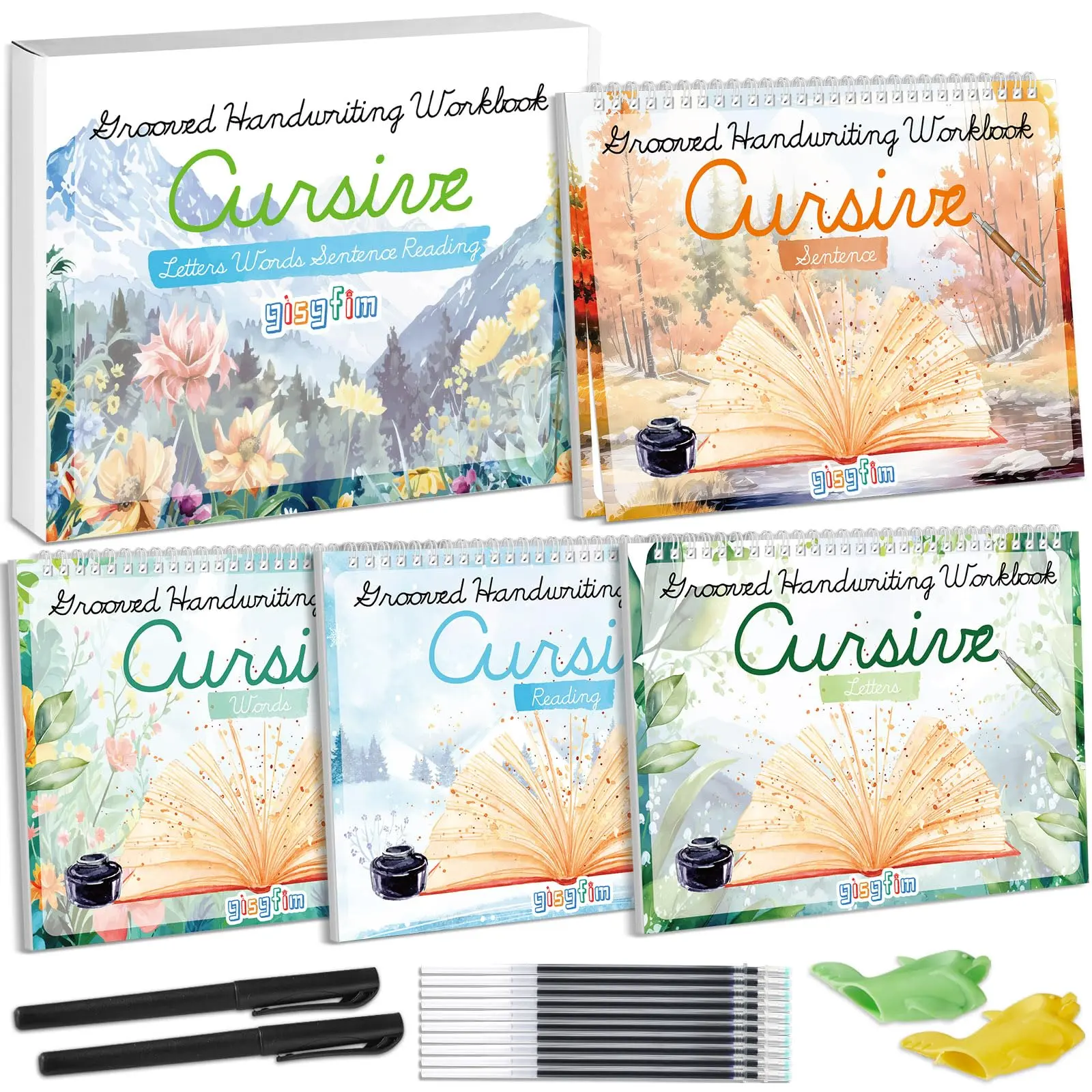 Magic Reusable Cursive Handwriting Workbook Kit for Kids - 4 Grooved Tracing Preschool Books, Disappearing Ink Pens, Pencil Grips, Screen-Free Visual Learning Tools, Back-to-School Teaching Supplies Gift Set, Stationery Bundle Set