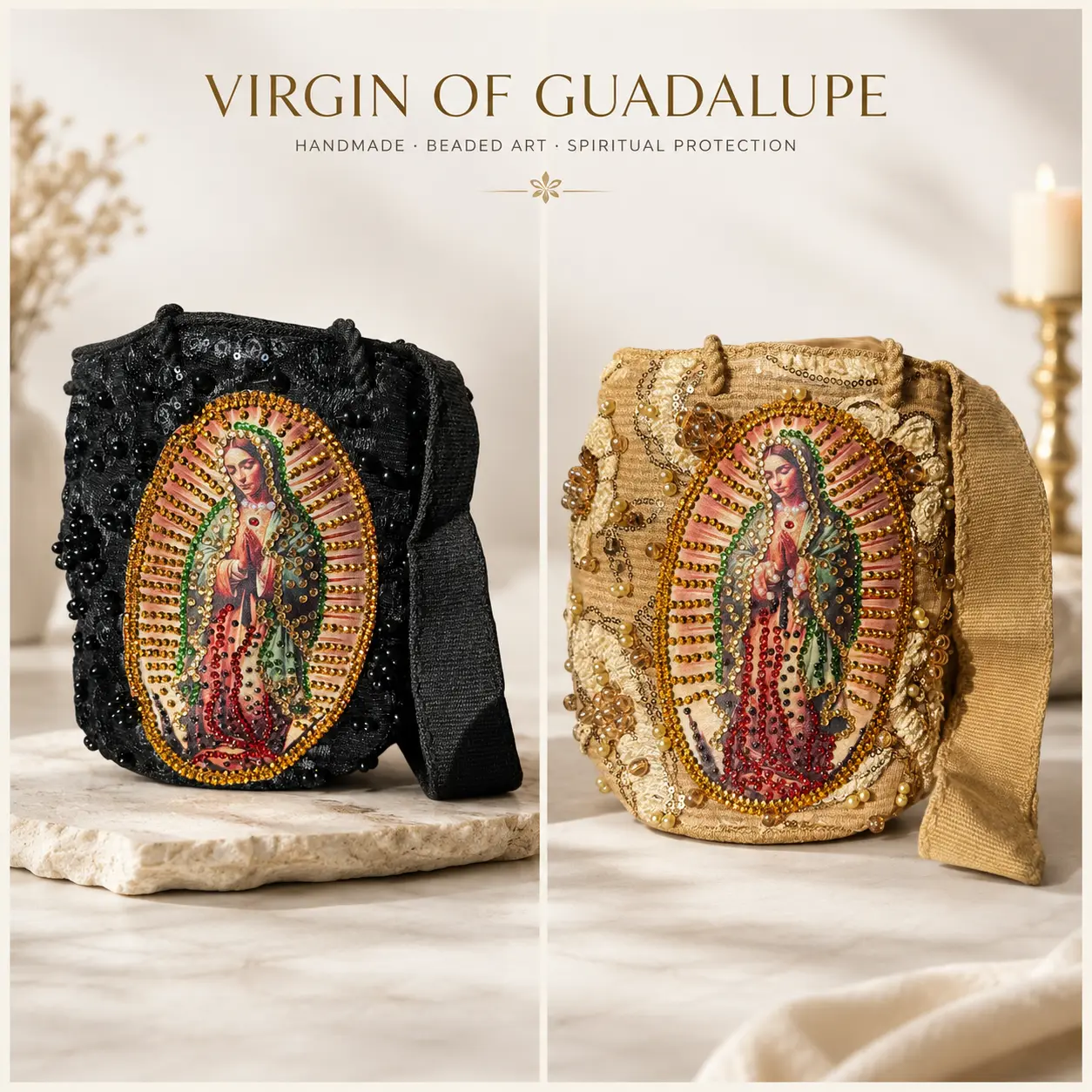Medium Wayuu Bucket Bag Embroidered Virgin of Guadalupe | Handmade Crossbody with Tassels