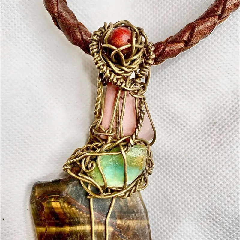 Sacred Shaman Wisdom Ancestral Protection Pendant with Tigers Eye Chrysocolla Rose Quartz & Carnelian for Spiritual Healing work