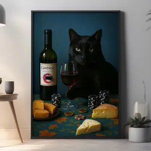 [SALE UP TO 40%] [Unframed] Funny Black Cat Poker Art Print: Vintage Wine & Cheese Poster