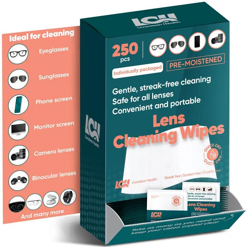 250 Pcs Compact Antistatic Wipes - Pre-Moistened with Purified Water & Antistatic Agents, Individually Wrapped Portable Crystal Lens Cleaner, Gentle Formula for Eyeglasses, Camera Lenses (Camera Accessories, Residue-Free, Smudge-Free)