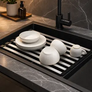 Foldable Roll Up Dish Drying Rack Over The Sink, Stainless Steel Multipurpose Dish Drainer Mat, Heat Resistant Trivet Pad, Fruits Vegetables Drain Rack, Space Saving Kitchen Sink Accessories, Kitchen Organizer Tools
