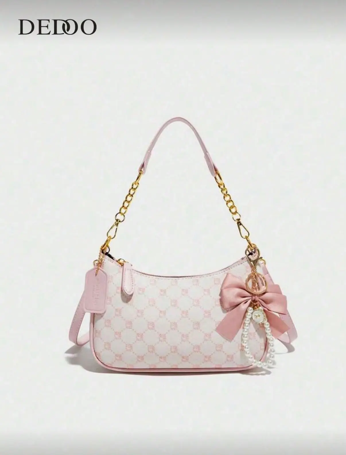 Women's Y2K Coquette Style Small Hobo Bag, Pink Monogram Printed Underarm Shoulder Purse, Bow Pearl Pendant, Removable Gold Chain & Adjustable Crossbody Strap, Fashion Vegan Leather Handbag for Girls Daily Dating