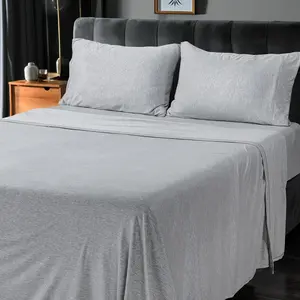 Sheet Set - Jersey Knit Sheets 4 count  Cotton  Soft T-Shirt Stretchy Sheets (Heather Light Grey)