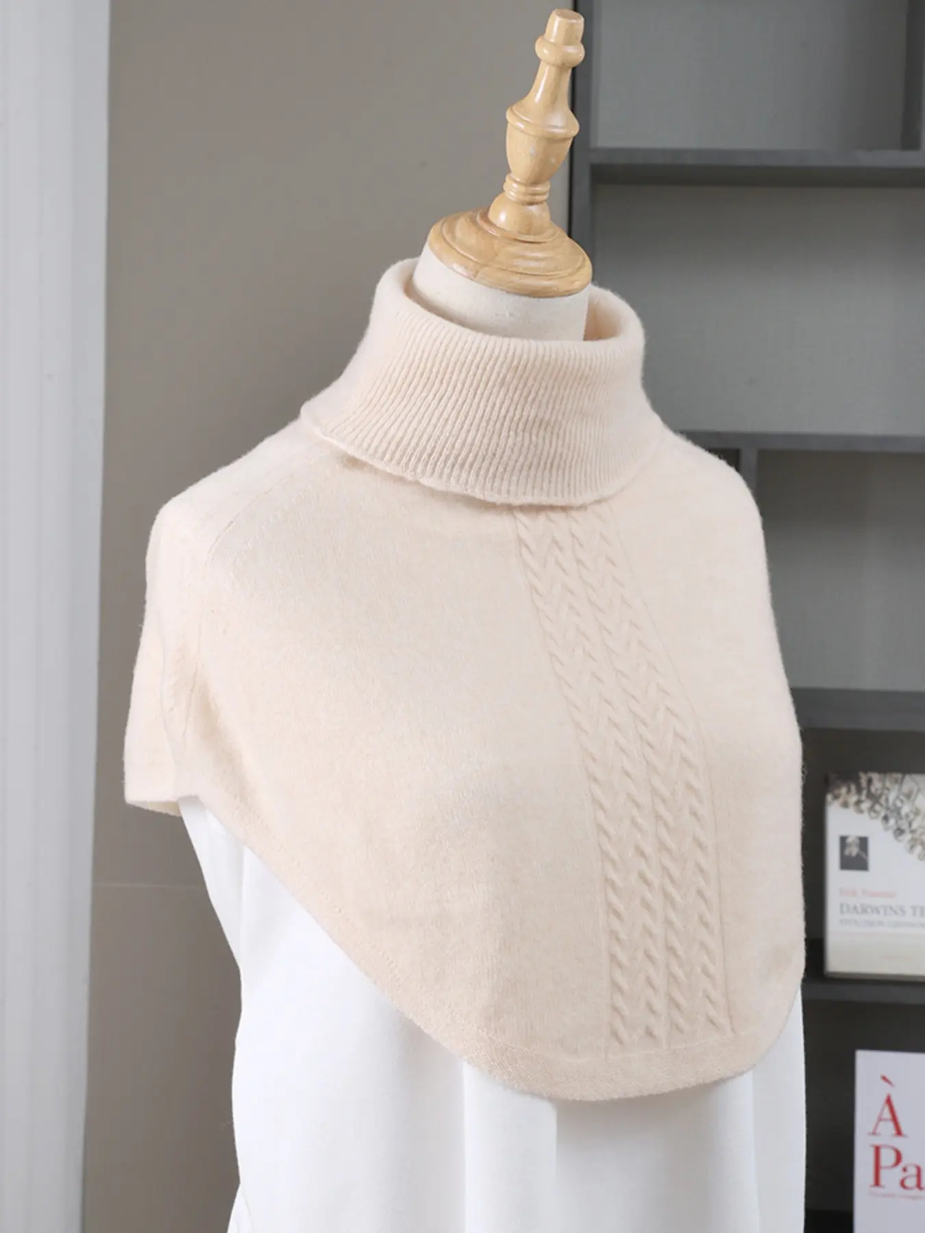 Women's 100% Wool High Neck Knitted Scarf, Pure Color Twisted Fake Collar, Winter Warm Shawl, Cold-Resistant Snood, Neck Protector, Fluffy Soft Scarf, Trendy Solid Shawl