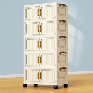 5-Layer Foldable Fluted Storage Cabinet with Wheels, Large Capacity Organizer for Kitchen, Bedroom, Bathroom, Warehouse, Space-Saving Design