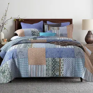 Cotton Bedspread Quilt Sets Reversible Bedding Coverlet Comforter, Vintage Floral Paisley Patchwork Bohemian Blue Quenn Size, Breathable Reversible Real Patchwork