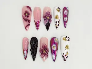 HelenNails – Purple & Gold Floral Press On Set with Long Stiletto Shape and Elegant Spring Nail Art for Events or Special Occasions – HL292