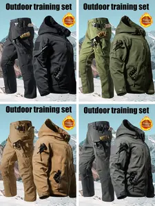 Men's Fall/Winter Outdoor Hooded Jacket Set Tactical Workwear Jacket Fleece-Lined Multi-Pocket Hooded Design Waterproof, Windproof, Warm, Durable Workwear Ideal for Work, Sports, Fishing, Hiking, Climbing, and More