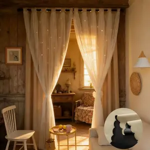 1pc Star Shaped Hollow Polyester Curtains, please attention black back! and slight! Darkening Curtains With Lace Sheers, Girls' Princess Style Double-Layered Blackout Curtains, Net Curtain Window