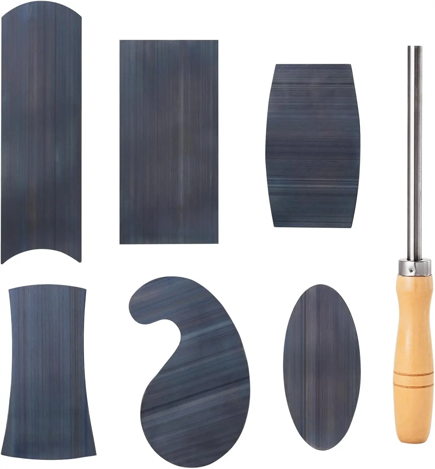 Cabinet Scraper Burnisher with 6 count Multi-Shaped Scraper Set 1 Oval 2 Double Convex/concave 1 Rectangle 1 Curved and 1 Gooseneck Scraper (Blue Spring Steel)
