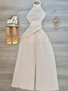 Women's Solid Backless Fitted Set Summer Top and Wide Leg Pants Two-Piece Outfit, Casual Fashion for Women, Comfortable and Stylish, Clothing Sets