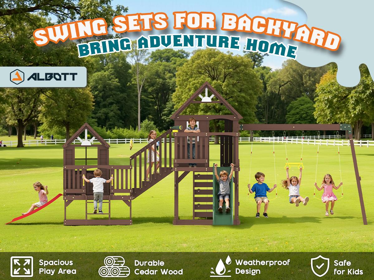 ALBOTT 3 Different Size Wooden Swing Set for Kids, Large Outdoor Wood Playhouse with Double Towers, Wave Slides, Swings, Climbing Wall & Ladder, Backyard Playground for Ages 3–8