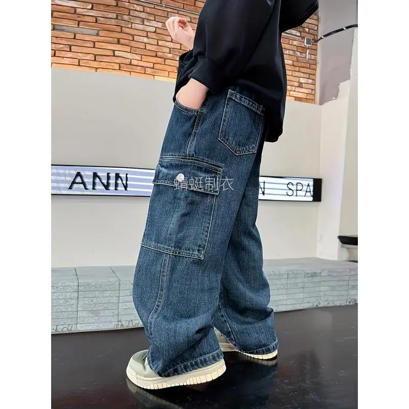 Boys' Viscose Cargo Pants, Loose-Fitting Mid Waist Streetwear with Pocket Detail, All Seasons Wear for Skateboarding, 11-12Y, 13-14Y, Casual Wear, Elastic Waist, All-Season, Long Length, Loose Cut