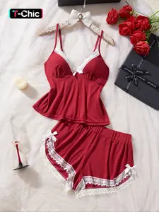 Women's Contrast Lace Bow Decor Modal Cami Top & Tank Top & Shorts Pyjama Set, Sexy Fitted Comfy Breathable Loungewear, Pajama Set for Women, Women's Sleepwear for Summer