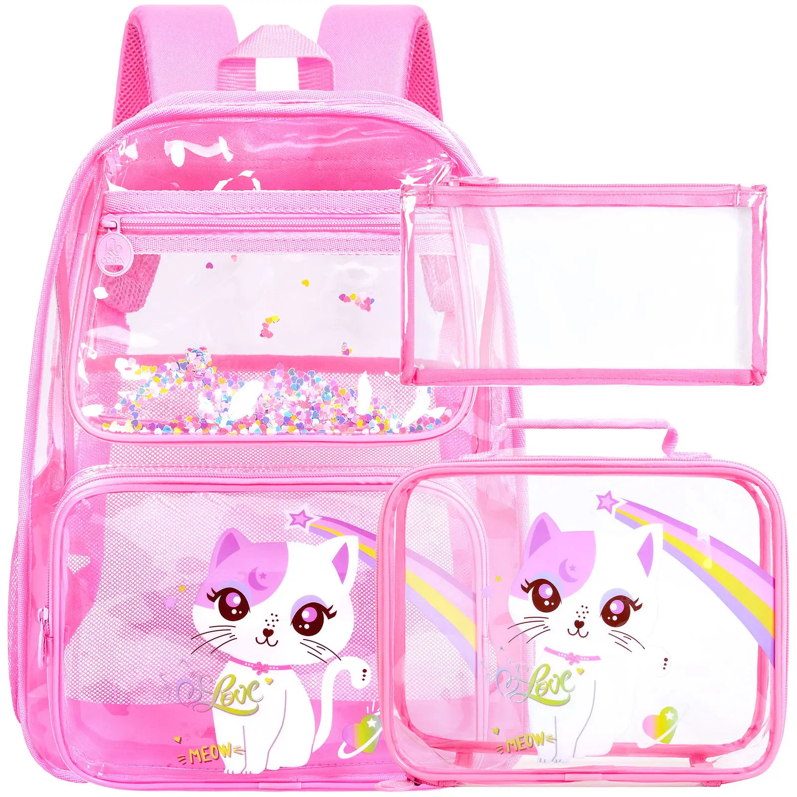 3PCS Kids Clear Backpack for Girls, Transparent Bookbag Stadium Approved, See Through School Bag for Elementary Preschool- Pink Cat