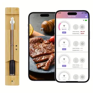 Wireless Bluetooth Smart Digital Meat Thermometer Bamboo Housing Stainless Steel Probe Suitable for Oven, BBQ, Kitchen Cooking, Steak, Chicken Food Thermometer Utensils