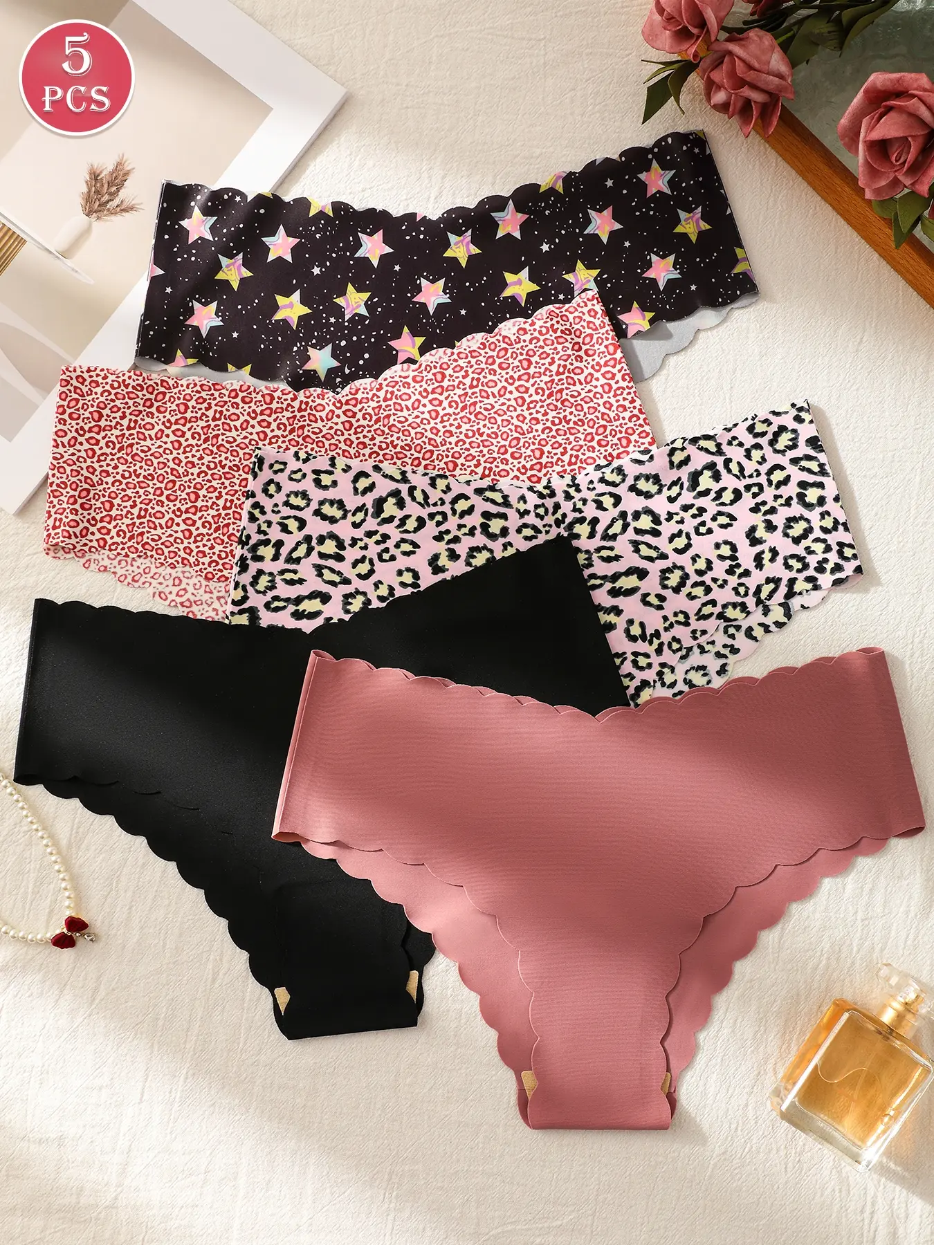 5-pack casual women's low-rise Everyday Panties comfortable wavy edge Print women's briefs for daily wear underwear