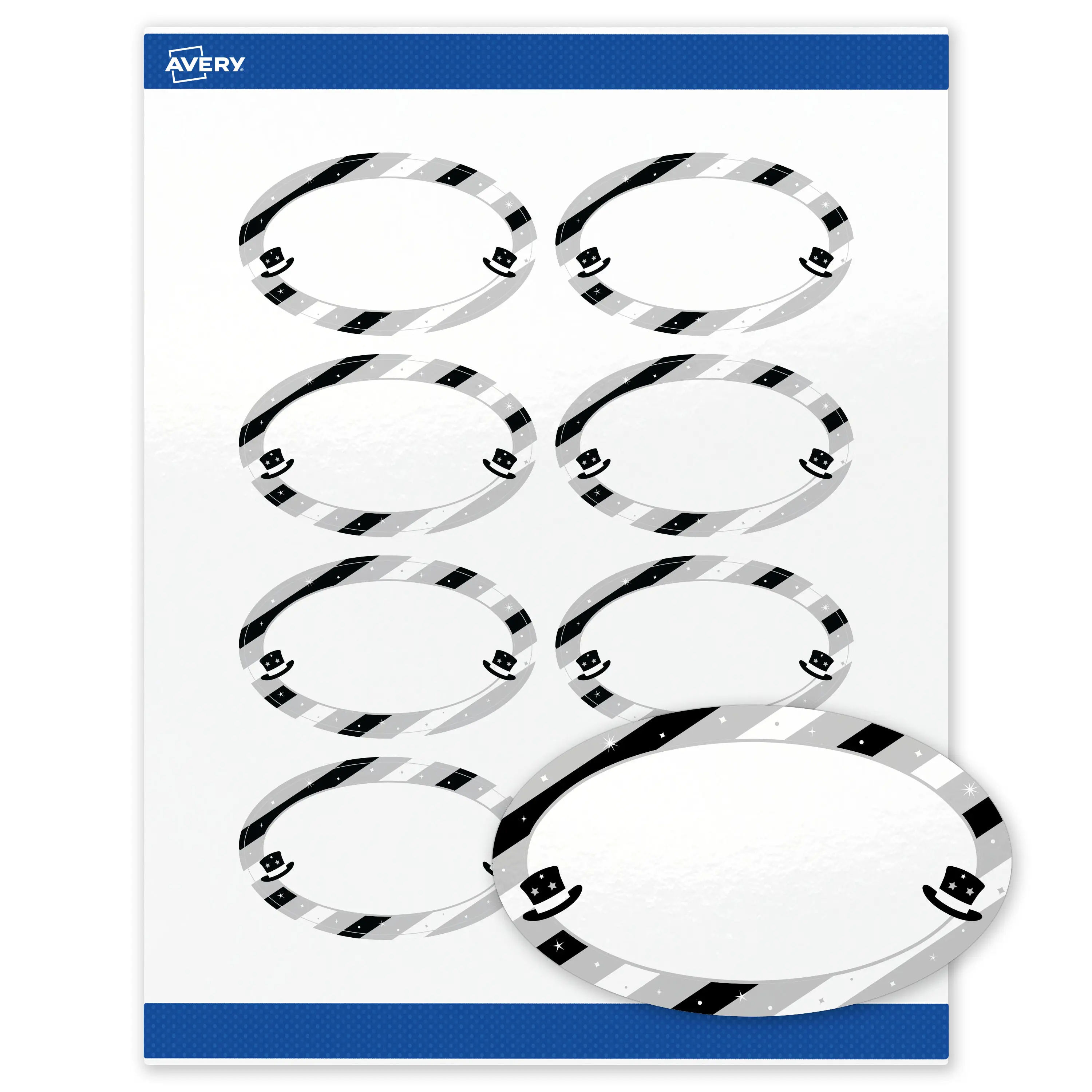 Avery® Printable Oval Labels, 2" x 3-1/3", Glossy White, Pre-printed Metallic Silver Midnight Gala Frame Design, Sure Feed® Technology, Laser/Inkjet Compatible, 160 Total