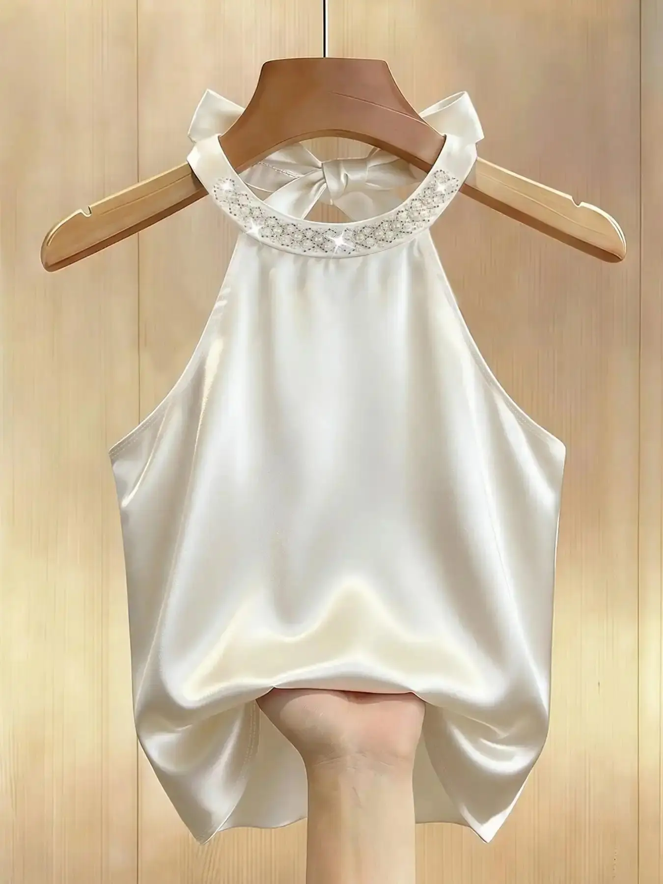 White Satin Fitted Halter Neck Top, Pearl Embellished Sleeveless Chic Blouse, Elegant Party Date Night Camisole, Refined Feminine Romantic Detail Timeless Appeal Sophisticated Simplicity Evening Charm