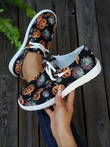 Halloween Women's Breathable Non-Slip Canvas Sneakers, Pumpkin Ghost Pattern, Round Toe, Easy Elastic Laces Closure