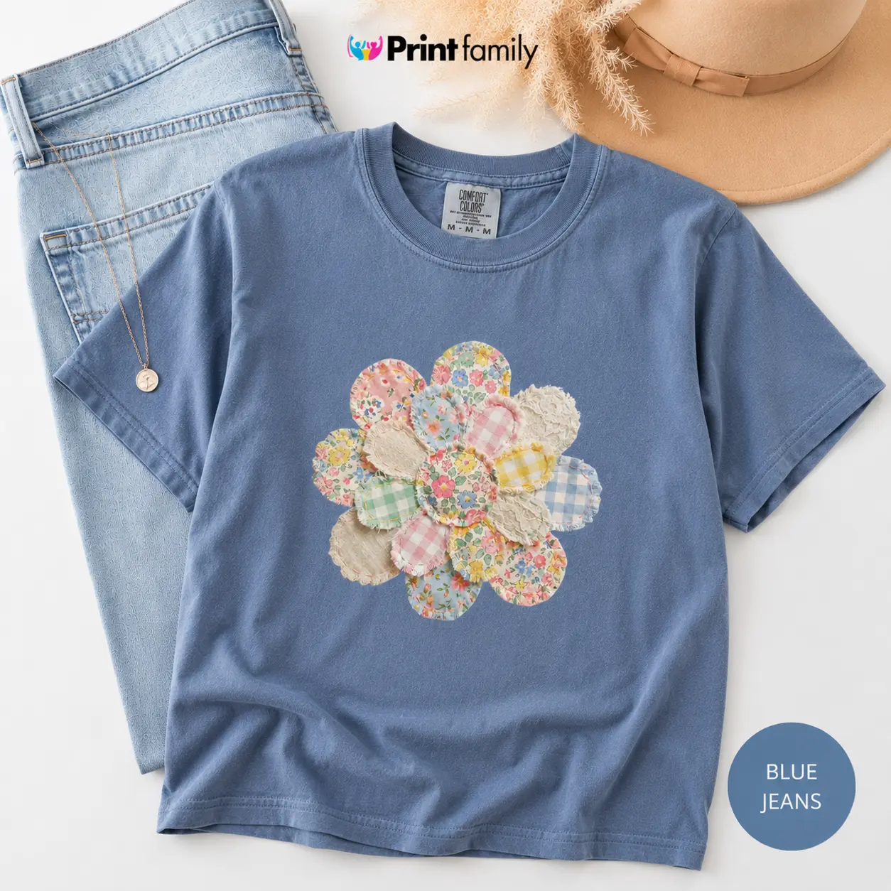 ( FAUX PATCHWORK-PRINT ) Comfort Colors Faux Quilted Patchwork Daisy T-Shirt, Floral Graphic Tee, Vintage Aesthetic Flower Top Cottagecore Patchwork Shirt - Printfamily