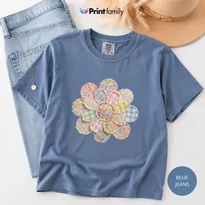 ( FAUX PATCHWORK-PRINT ) Comfort Colors Faux Quilted Patchwork Daisy T-Shirt, Floral Graphic Tee, Vintage Aesthetic Flower Top Cottagecore Patchwork Shirt - Printfamily
