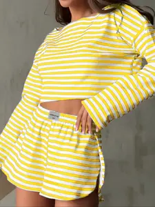 Women's Fashion Striped Knit Long Sleeve Side Split Shorts Set, Autumn Winter Casual, Youthful Style, New Print Design，co-ord sets for women，loungewear set，winter co ord set，Pj sets for women，lounge set for women