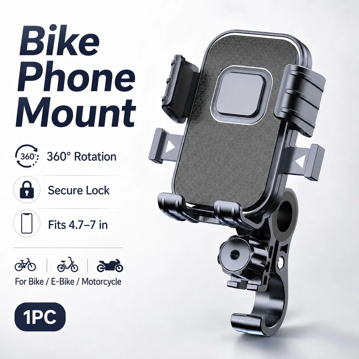1pc Bike Phone Mount, Smartphone Mount, Mobile Mount, Stable Phone Holder, 360° Rotating Motorcycle & Bicycle Phone Holder Stand, Secure Lock, Shockproof Anti-Slip, Non Slip Holder, Fits 4.7–7in Phones